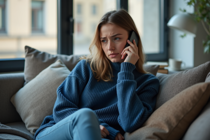 Jeune femme inquiète parle au téléphone dans un appartement