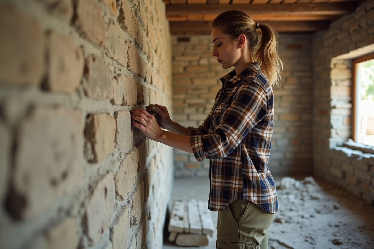 Jeune femme appliquant mortier sur un mur intérieur