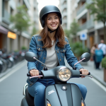 Jeune femme en ville sur une moto 50cc moderne