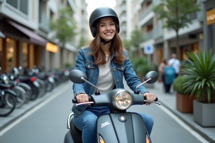 Jeune femme en ville sur une moto 50cc moderne