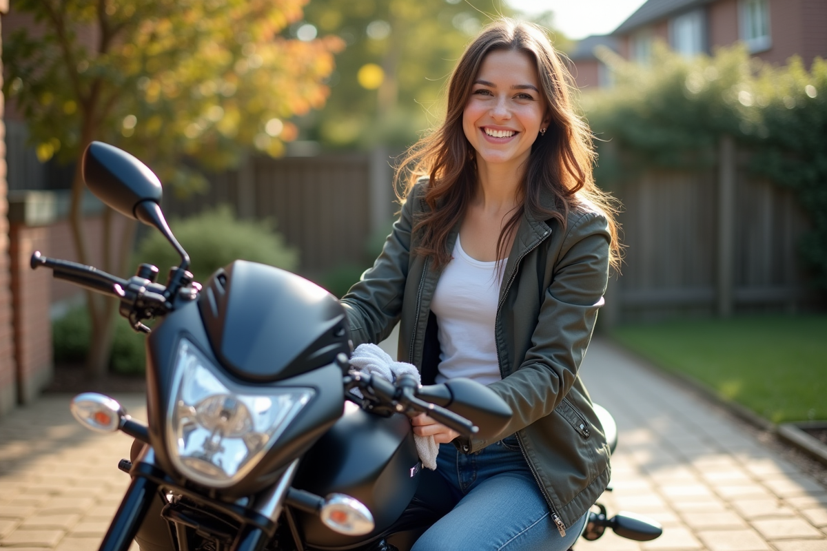 Jeune femme nettoyant sa moto 125cc dans une cour ensoleillee
