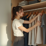 Jeune femme organisant un placard minimaliste dans une chambre lumineuse