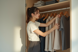 Jeune femme organisant un placard minimaliste dans une chambre lumineuse
