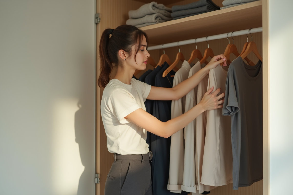 Jeune femme organisant un placard minimaliste dans une chambre lumineuse