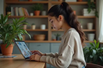 Jeune femme lisant une bande dessinée sur tablette à la maison