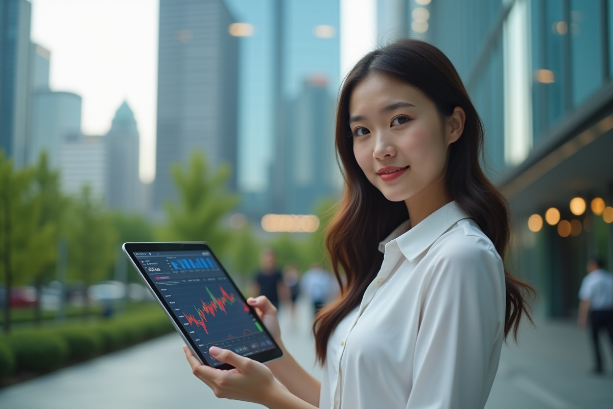 Jeune femme urbaine tenant une tablette avec graphiques économiques