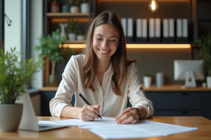 Jeune femme souriante travaillant à un bureau moderne