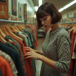 Jeune femme en robe mod des années 60 dans une friperie vintage