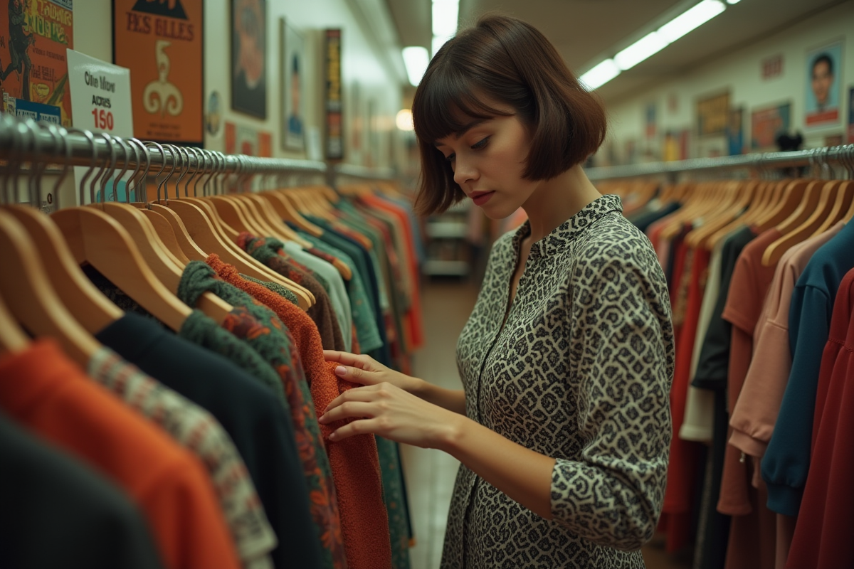 Jeune femme en robe mod des années 60 dans une friperie vintage