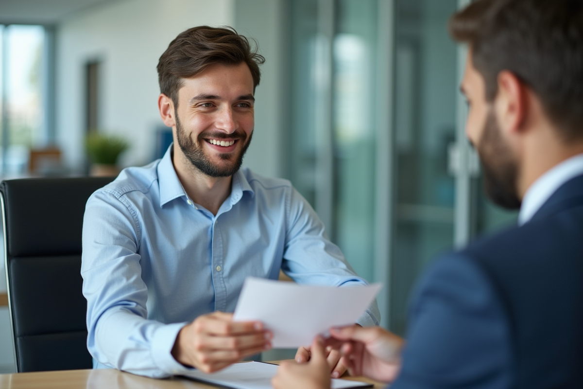 Jeune homme remettant une enveloppe à un conseiller bancaire