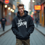 Jeune homme en hoodie stussy et sneakers mode urbaine