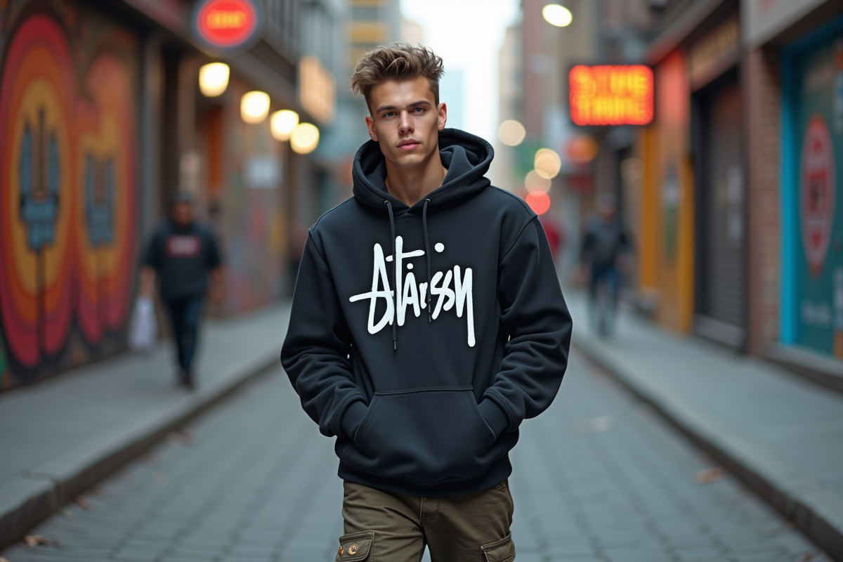 Jeune homme en hoodie stussy et sneakers mode urbaine