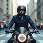 Jeune homme en costume et casque sur moto Avengers en ville