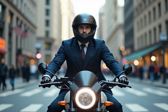 Jeune homme en costume et casque sur moto Avengers en ville