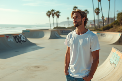 Jeune homme détendu près d'un skatepark côtier en Californie