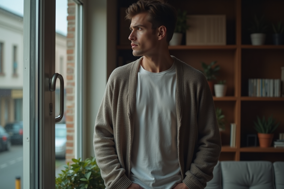 Jeune homme regardant par la fenêtre dans un salon cosy