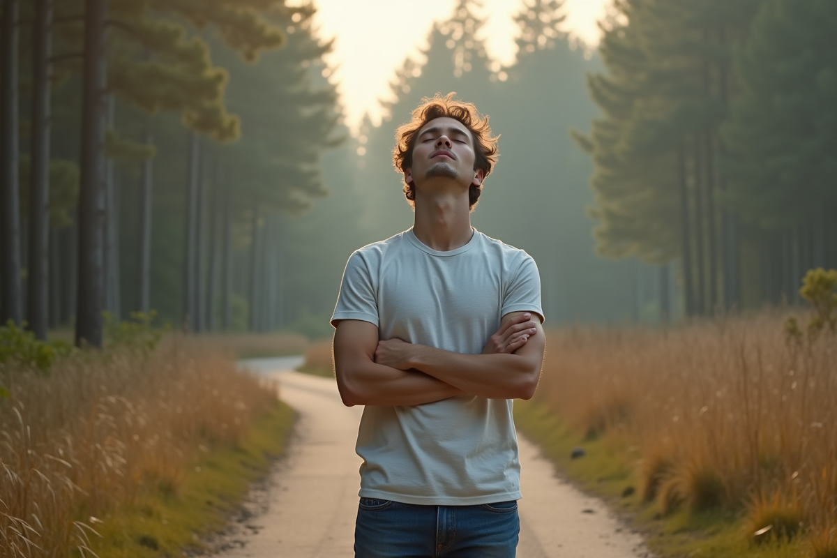 Jeune homme respirant profondément en forêt au matin