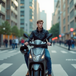 Jeune homme en scooter urbain au bord de la rue