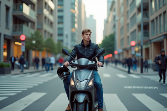 Jeune homme en scooter urbain au bord de la rue
