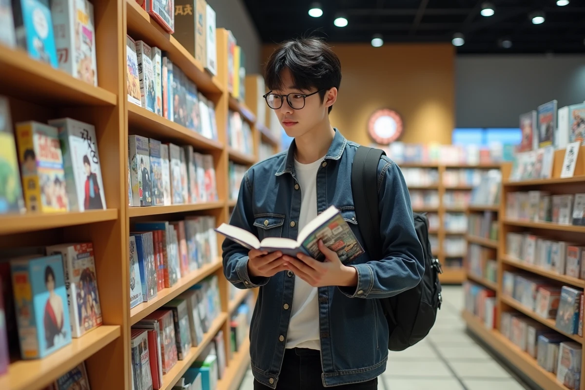 Jeune homme asiatique choisissant un manga en librairie