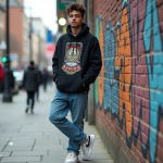 Jeune homme en streetwear décontracté devant un mur graffité