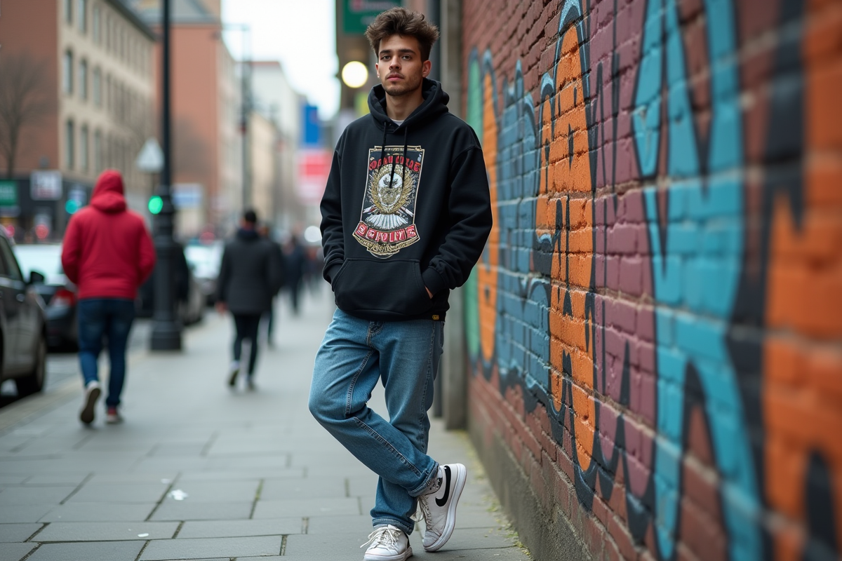 Jeune homme en streetwear décontracté devant un mur graffité