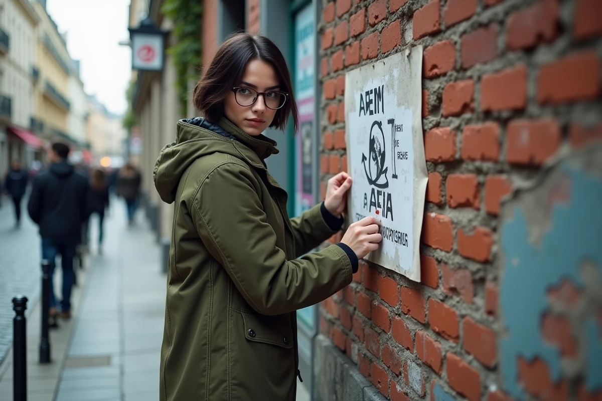 Jeune militante collant une affiche antifasciste dessinée à la main sur un mur de briques dans une rue parisienne