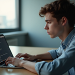 Jeune professionnel stressé devant son ordinateur en bureau moderne