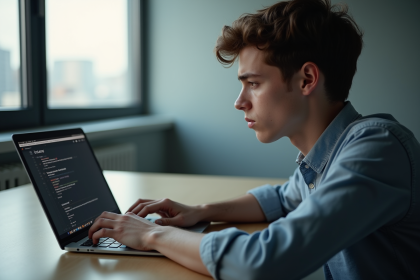 Jeune professionnel stressé devant son ordinateur en bureau moderne
