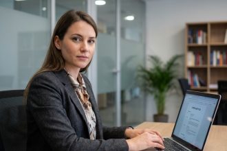 Femme professionnelle concentrée sur son CV au bureau