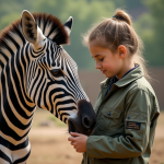 Jeune zoologiste en extérieur avec une zebre
