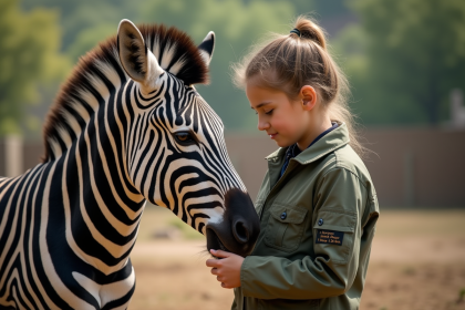 Jeune zoologiste en extérieur avec une zebre