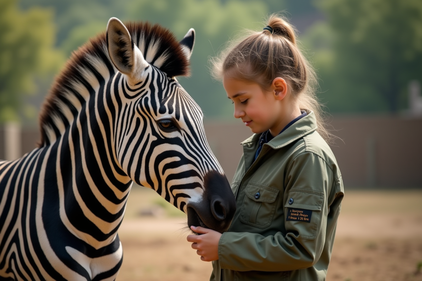 Jeune zoologiste en extérieur avec une zebre