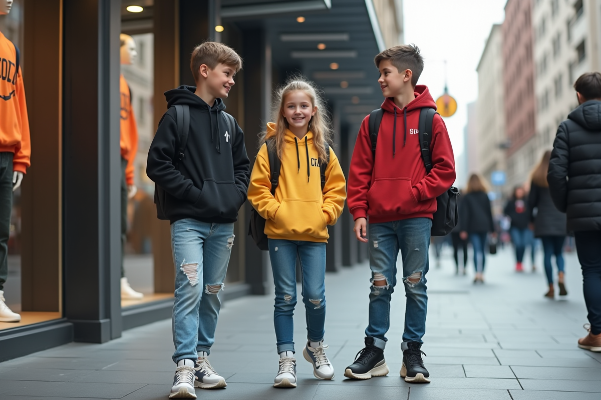 Trois adolescents en streetwear moderne dans la rue urbaine