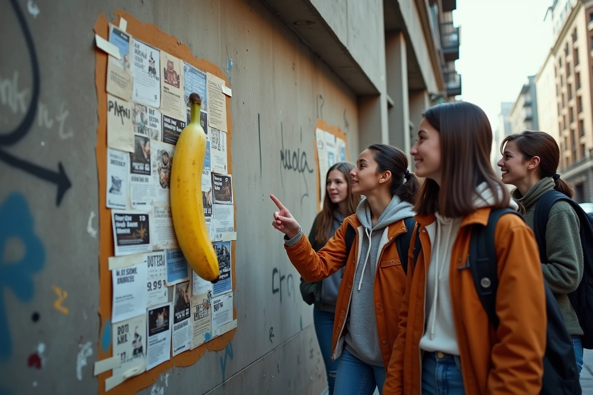 Jeunes discutant autour d une banane dans la rue