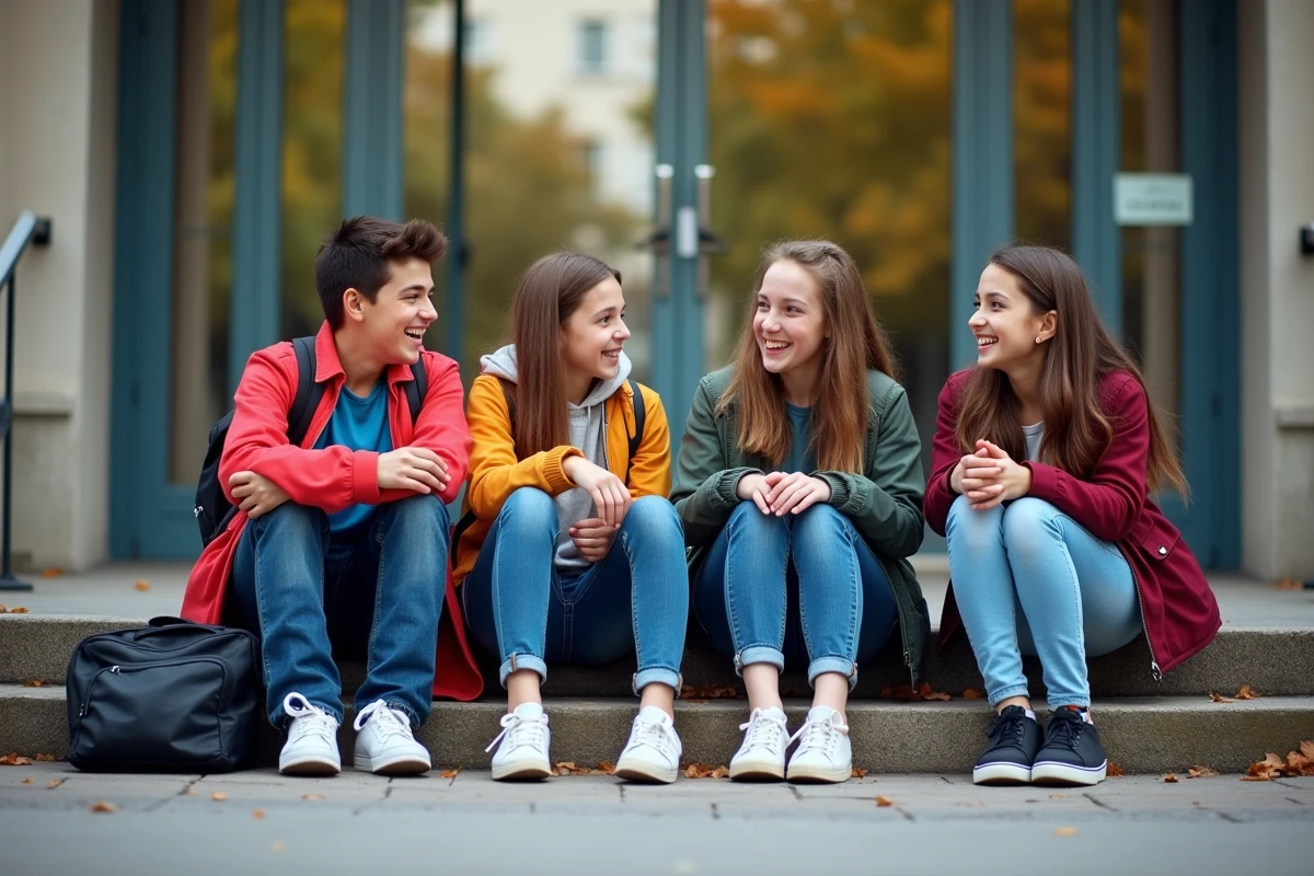 Groupes de jeunes discutant de leurs notes devant l