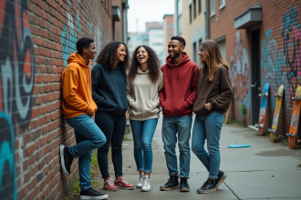 Groupe d'adolescents en streetwear dans une rue urbaine