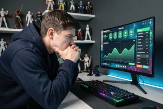 Joueur de League of Legends concentré devant son écran affichant le rang Émeraude et les courbes de MMR caché