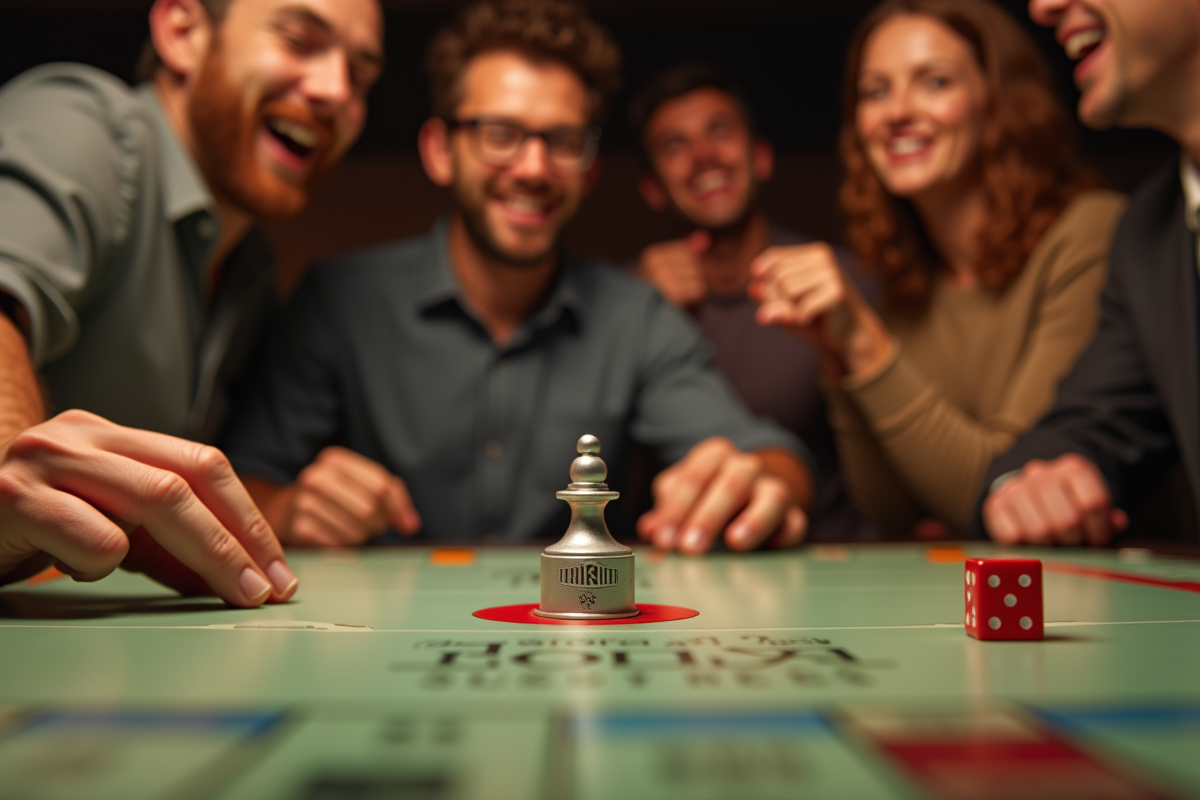 Joueur déplaçant un pion argenté Monopoly avec dés doubles en arrière-plan