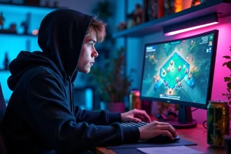 Joueur solo concentré sur sa stratégie support en solo queue League of Legends devant son setup gaming