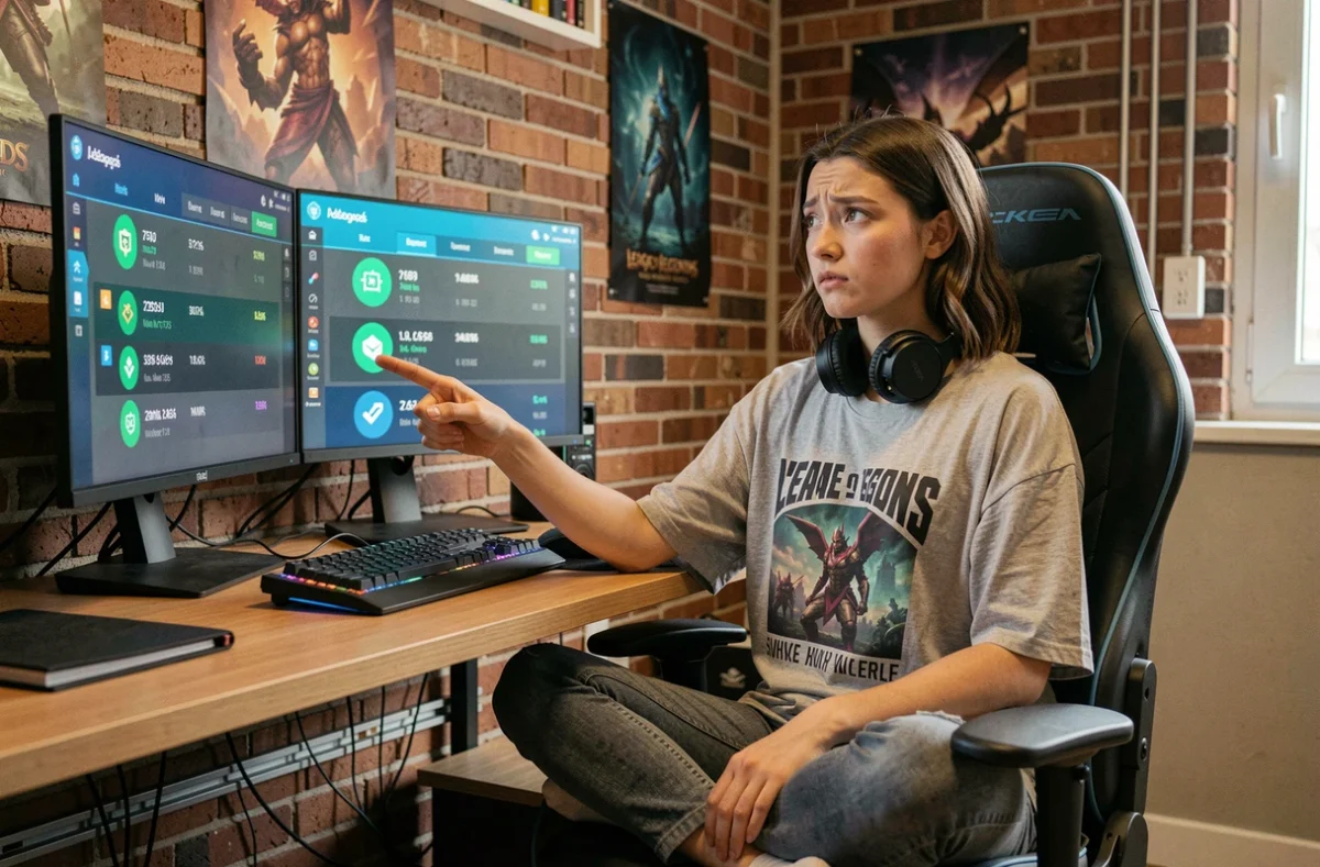 Joueuse analyisant les statistiques de MMR caché et le rang Émeraude sur League of Legends depuis son bureau gamer