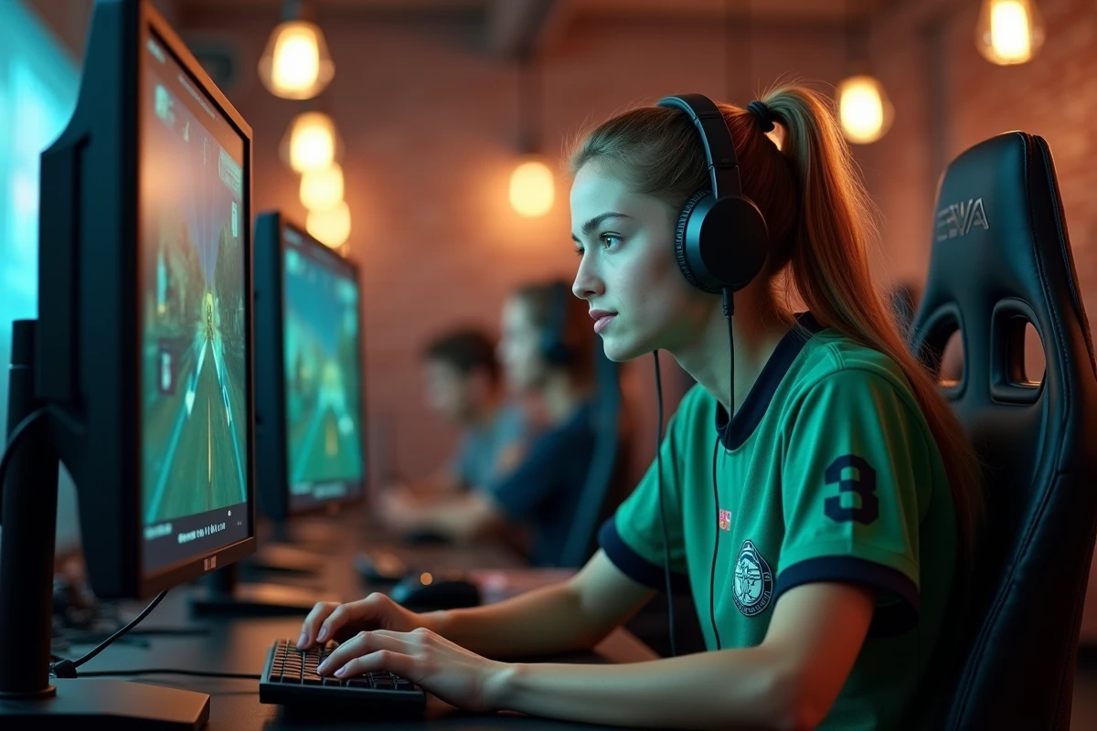 Joueuse de support LoL en solo queue dans une salle de gaming compétitive analysant la carte de jeu