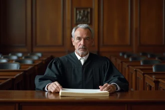 Juge en robe noire examinant des documents juridiques dans une salle d'audience formelle française