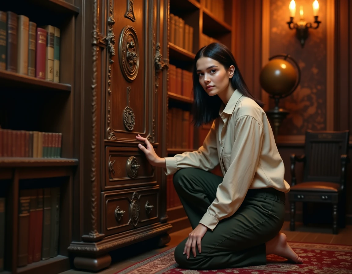 Joueuse inspectant une armoire ancienne dans le décor de bibliothèque mystérieuse de Laeris Escape à Toulon