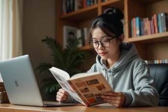 Jeune femme lisant un manga japonais à son bureau avec un ordinateur portable affichant un site de lecture en ligne