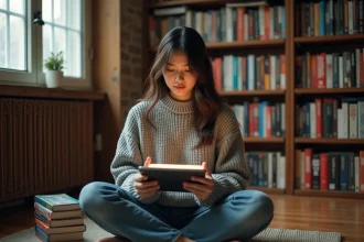 Jeune femme tenant une tablette avec une application manga, entourée de volumes physiques sur le sol d'une bibliothèque