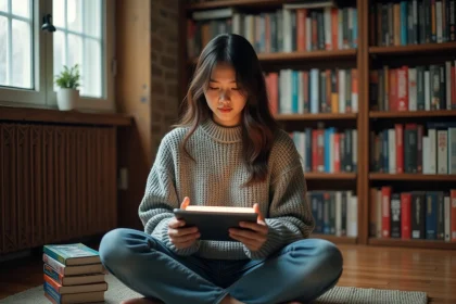 Jeune femme tenant une tablette avec une application manga, entourée de volumes physiques sur le sol d'une bibliothèque