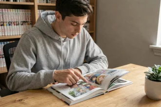 Jeune homme lisant un tome de manga à son bureau, illustrant l'attente des sorties de chapitres de One Piece
