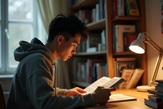 Jeune homme lisant un manga One Piece assis à un bureau en bois entouré de volumes de mangas