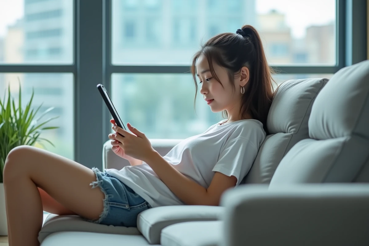 Adolescente lisant le manga One Piece en VF sur une tablette allongée sur un canapé moderne